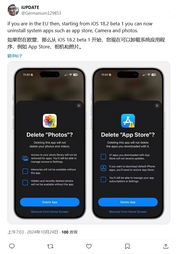 九寨沟苹果手机维修分享iOS 18.2 支持删除 App Store 应用商店 