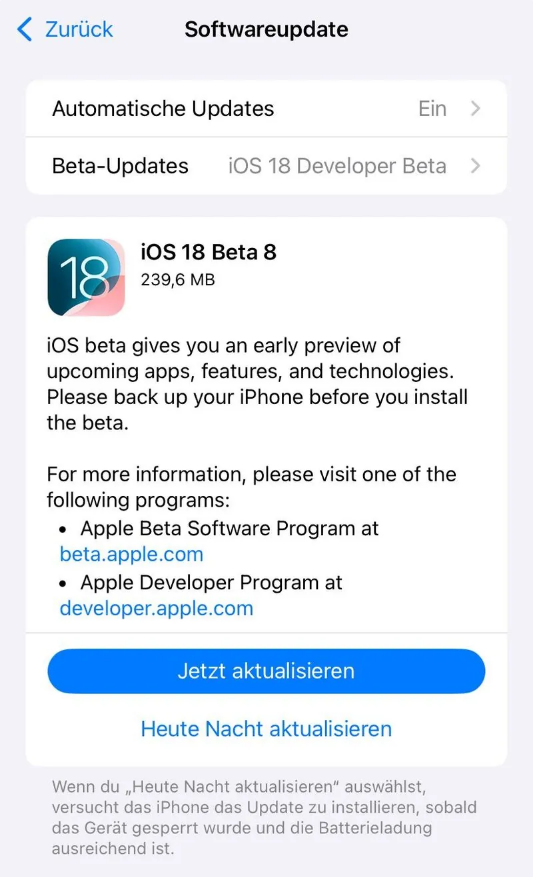 九寨沟苹果手机维修分享苹果 iOS / iPadOS 18 开发者预览版 Beta 8 发布 